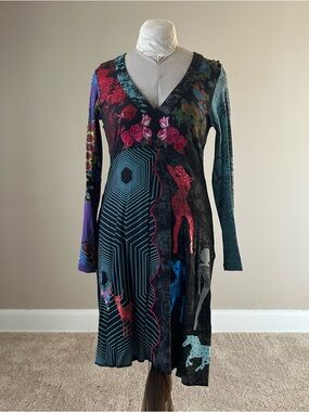 Desigual Multicolor Long Sleeve V-Neck Dress with Graphic Animal Motifs